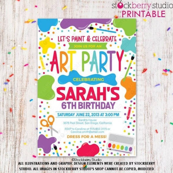 Art Party Birthday Invitation Editable Rainbow Party Painting Dress for a Mess Art Birthday Party Invite Printed Craft Paint Party Digital