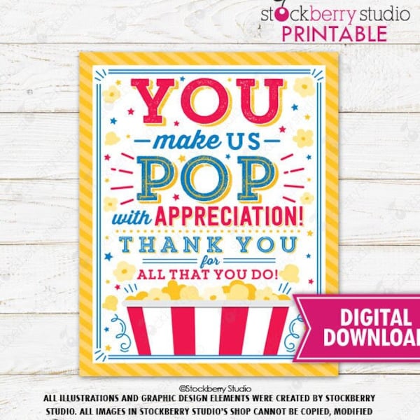 Popcorn Thank You Sign Printable Teacher Appreciation Volunteer Coworker Employee Staff Nurse School PTO PTA Instant Download