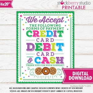 Wij accepteren contant geld debet Creditcardteken Scout Cookie Booth Teken Afdrukbare Troop Bake Sale Sign Instant Download Bake Sale Fundraiser Poster