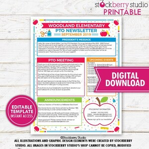 Teacher Newsletter PTO PTA Newsletter Flyer Printable Editable School Newsletter Volunteer Meeting Agenda School Year Fundraiser