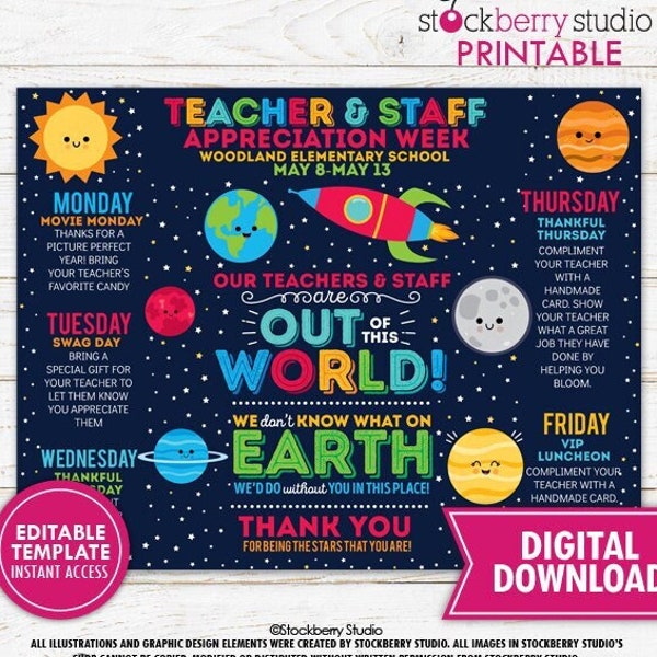 Space Theme Teacher Staff Appreciation Week Schedule Itinerary Flyer Printable School Newsletter PTO PTA Event Planner Editable Template