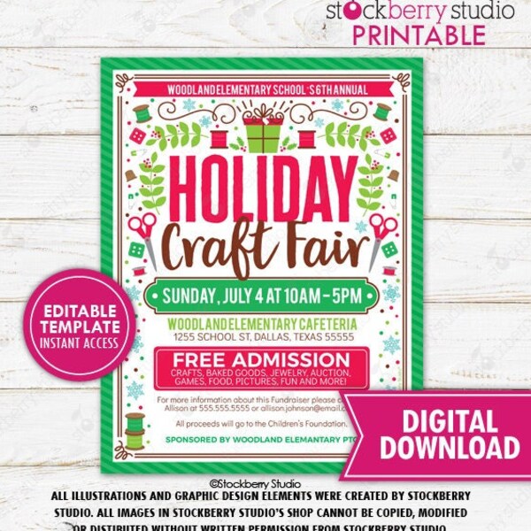 Holiday Craft Fair Flyer Festival Market Christmas Invitation Church School Event Community Invite Printable Template Editable Digital