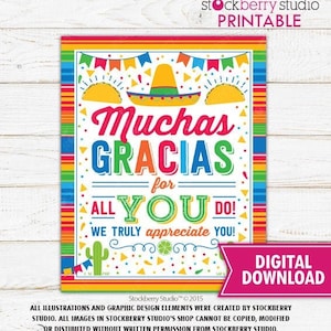 Muchas Gracias por tudo que você faz Sinal de festa Obrigado Nacho Pessoal médio Apreciação do professor Decorações de festa para impressão Download instantâneo