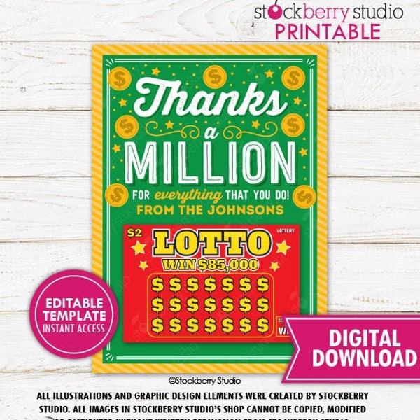Lottery Ticket Holder Printable Thanks A Million For All That You Do Lotto Lottery Gift Card Holder Editable Teacher Nurse Appreciation