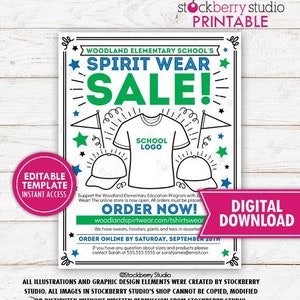 School Spirit Wear Flyer Printable PTO PTA T-shirt Sale Clothing Fundraiser Community Church Nonprofit Event Editable Template