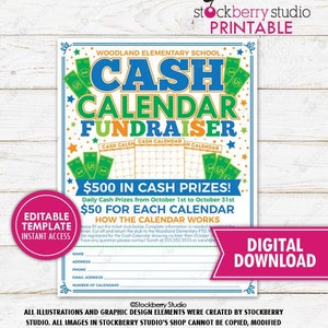 Cash Kalender Fundraiser Flyer Druckbare Schule PTO PTA Gemeinschaft Kirche Gemeinnützige Wohltätigkeitsveranstaltung einladen Bearbeitbare Vorlage Digitaler Download
