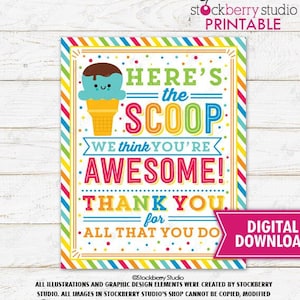 Ice Cream Sign Printable Staff Employee Teacher Appreciation Here&#39;s the Scoop End of School Year  PTO PTA Thank You Instant Download