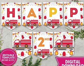 Camión de bomberos cumpleaños banner camión de bomberos feliz cumpleaños garland banner motor niño bombero fiesta decoración descarga digital plantilla editable