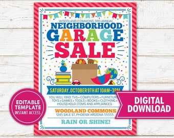 Garage Sale Flyer Printable Yard Sale Neighborhood Rummage Fundraiser PTO PTA School Community Church Nonprofit Event Editable Template