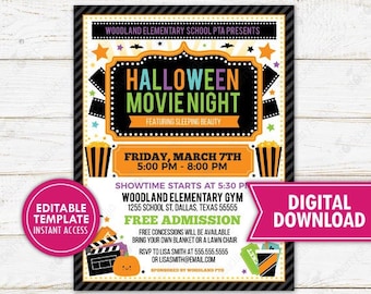 May include: A printable Halloween Movie Night invitation with a black border. The design features orange, green, and black text, including "Halloween Movie Night" and "Featuring Sleeping Beauty." Includes a pink circle that says "Editable Template Instant Access."
