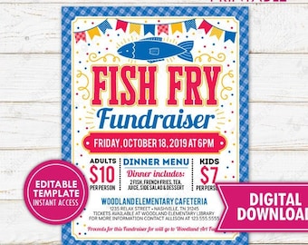 Fish Fry Fundraiser Flyer Printable School PTO PTA Community Church Nonprofit Charity Event Invite Editable Template Digital Download