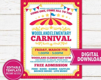Carnival Flyer Printable Circus Flyer Template Church Fundraiser Poster Benefit Flyer PTA PTO Party Fundraiser Flyer Instant Download