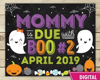 Halloween Big Brother Announcement Sign Mommy's Due with Boo 2 Pregnancy Baby Reveal Digital Chalkboard Printable Big Sister Brother