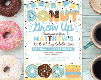 Boy Donut Grow Up Birthday Invitation Doughnut Grown Up Invite Donut 1st Birthday Party Instant Download Editable Template Instant Download