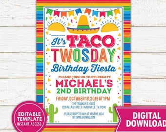 May include: A colorful printable invitation for a "Taco Twosday" birthday party. The invitation features a sombrero, tacos, and cacti. It says "It's Taco Twosday Birthday Fiesta" and includes the name "Michael's 2nd Birthday".