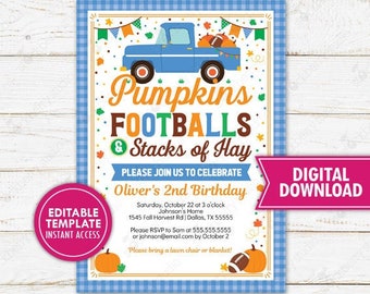 May include: A printable invitation with a blue truck carrying pumpkins and footballs. The text reads "Pumpkins, Footballs & Stacks of Hay" and invites guests to Oliver's 2nd Birthday. Includes "Digital Download" and "Editable Template" labels.