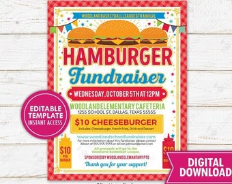 Hamburger Fundraiser Flyer Printable Cheeseburger Invite Template Benefit Dinner PTA PTO School Community Event Church Editable Download