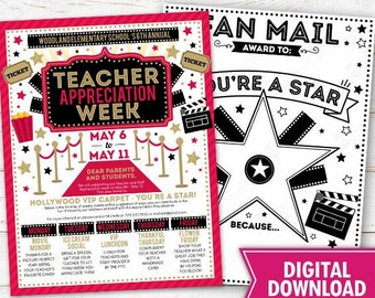 Hollywood Movie Teacher Staff Appreciation Week Event Schedule Itinerary Take Home Flyer Printable Newsletter Planner Editable Template
