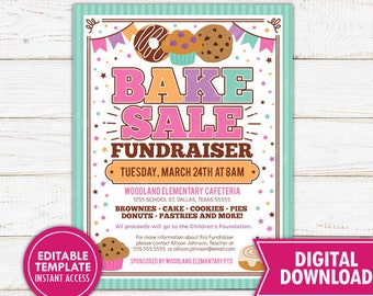 Bake Sale Flyer PTA PTO School Fundraiser Church Charity Event Invite Cake Sale Template Printable Instant Download Editable