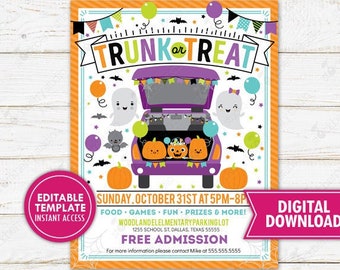 Puede incluir: Una invitación imprimible con temática de Halloween con un maletero morado lleno de calabazas. El texto dice "Trunk or Treat" con detalles del evento. El diseño incluye fantasmas, murciélagos y globos. La invitación es para un evento gratuito.