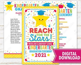 Graduation Ceremony Program Reach for the Stars Any Grade Pre-k Preschool Kindergarten Elementary School Template Printable Editable