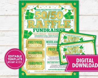 May include: A printable digital template for a 50/50 raffle fundraiser. The design features a green and gold color scheme with the text "50/50 Raffle Fundraiser" and prize amounts. Includes a digital download option and editable template access.