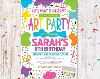 May include: A colorful printable invitation for an art party celebrating Sarah's 6th birthday. The invitation features paint splatters, paintbrushes, scissors, and a paint palette. The text reads "Let's paint & celebrate, join us for an art party celebrating Sarah's 6th birthday, Saturday June 22, 2013 at 3:00 PM, Sarah's House, 3678 Pool Street, San Diego, California, RSVP to Caroline at 555.802.3155 or Caroline.smith@email.com, Dress for a mess!"