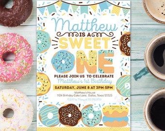 Donut 1st Birthday Invitation Printable Editable Oh So Sweet Boy Birthday Doughnut Blue Donut First Birthday Party Digital Template Printed