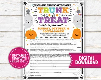 Trunk or Treat Car Vehicle Registration Halloween Form Kids School Sign Up Sheet Event Festival Church Community Printable Editable Digital