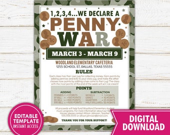 Penny War Flyer School Fundraiser PTO PTA Charity Benefit Church Community Event Editable Template Printable Instant Download