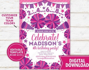 Puede incluir: Una invitación imprimible para una fiesta de cumpleaños con un tema rosa y morado. El diseño incluye pompones, megáfonos y estrellas. La invitación dice "¡Celebra! ¡El 8º cumpleaños de Madison!" e incluye acceso a una plantilla editable.
