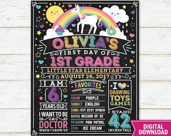 First Day of School Sign Unicorn Girl Back to School Sign Printable 1st Day of School Sign Rainbow First Day of School Chalkboard Sign