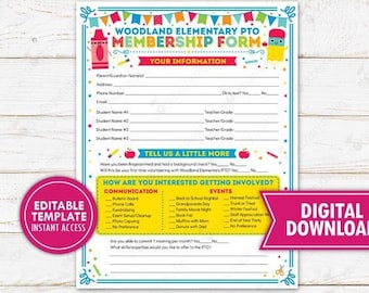 PTO PTA Membership Volunteer Sign up Form Newsletter Handout Printable Template Editable School Fundraiser Event Instant Download