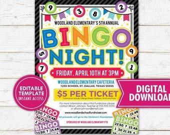 Bingo Night Flyer Fundraiser Community Event Invitation Church Company Invite Family School PTA PTO Printable Template Editable Digital