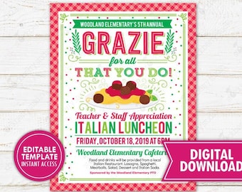 Teacher Staff Appreciation Week Italian Luncheon Invitation Printable Spaghetti Invite Flyer Idea Editable Template Digital Instant Download