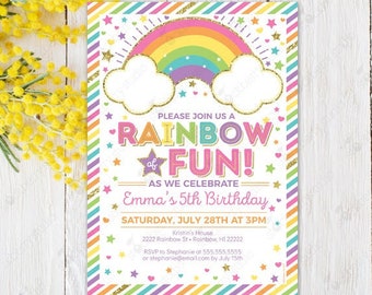 Rainbow Birthday Invitation Printable Pastel Girls Rainbow Party Rainbow Invite Clouds Rainbow of Fun Gold Digital Instant Download Editable