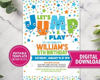 Jump Invitation Printable Trampoline Party Bounce House Party Boy Jump Birthday Invite Let's Jump Party Instant Editable Template Printed