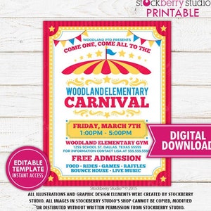Carnival Flyer Printable Circus Flyer Template Church Fundraiser Poster Benefit Flyer PTA PTO Party Fundraiser Flyer Instant Download