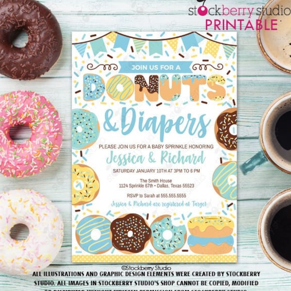 Boy Donuts & Diapers Baby Sprinkle Invitation Printable Editable Donut Baby Sprinkle Donut Baby Shower Blue Sprinkle Template Digital File