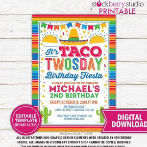 Taco Twosday Invitation Boy Taco 2nd Birthday Girl Printable Fiesta Birthday Invite Editable Mexican Themed Digital Instant Download