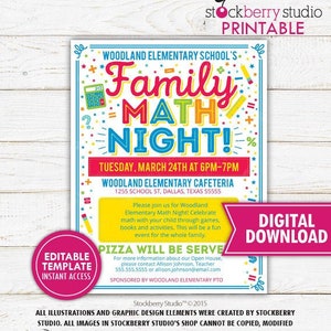 Family Math Night Flyer Printable Template Fundraiser Poster School Event Flyer PTA PTO Fundraiser Science Educational Instant Download