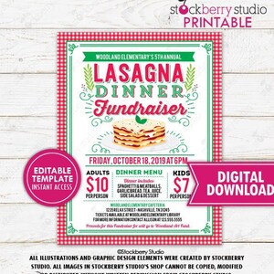 Lasagna Dinner Fundraiser Flyer Printable Template Benefit Dinner PTA PTO School Event Community Church Fundraiser Instant Download