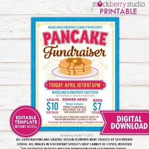 Pancake Breakfast Fundraiser Flyer PTA PTO School Fundraiser Church Charity Event Invite Template Printable Instant Download Editable