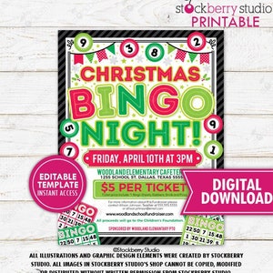 Christmas Bingo Night Flyer Fundraiser Community Event Invitation Church Invite Family School PTA PTO Printable Template Editable Digital