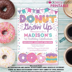 Girl Donut Grow Up Birthday Invitation Printed Digital Doughnut Grown Up Invite Donut 1st Birthday Party Instant Download Editable Template