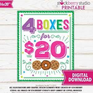 Cookie Booth Price Sign 4 for 20 Cookie Booth Sales Poster Cookie Booth Sign Scout Printable Instant Download Bake Sale Fundraiser Sign