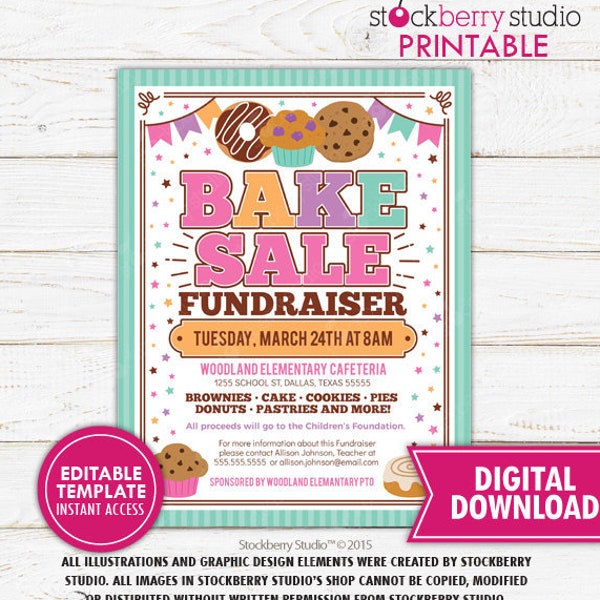 Bake Sale Flyer PTA PTO Schule Fundraiser Kirche Charity Event einladen Kuchen Verkauf Vorlage Printable Instant Download Bearbeitbar