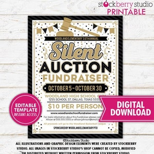 Silent Auction Fundraiser Flyer Printable Black Tie Gala School PTO PTA Community Church Nonprofit Charity Event Invite Editable Template