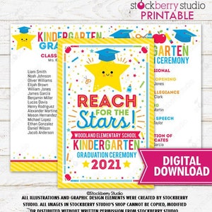 Graduation Ceremony Program Reach for the Stars Any Grade Pre-k Preschool Kindergarten Elementary School Template Printable Editable