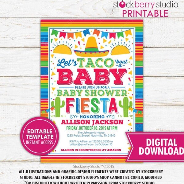 Fiesta Baby Shower Invitation Let's Taco Bout A Baby Invite Editable Mexican Instant Download Invite Taco Baby Shower Invitation Printable